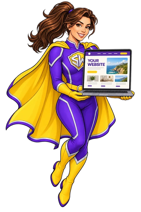Super Websites heroine holding a laptop